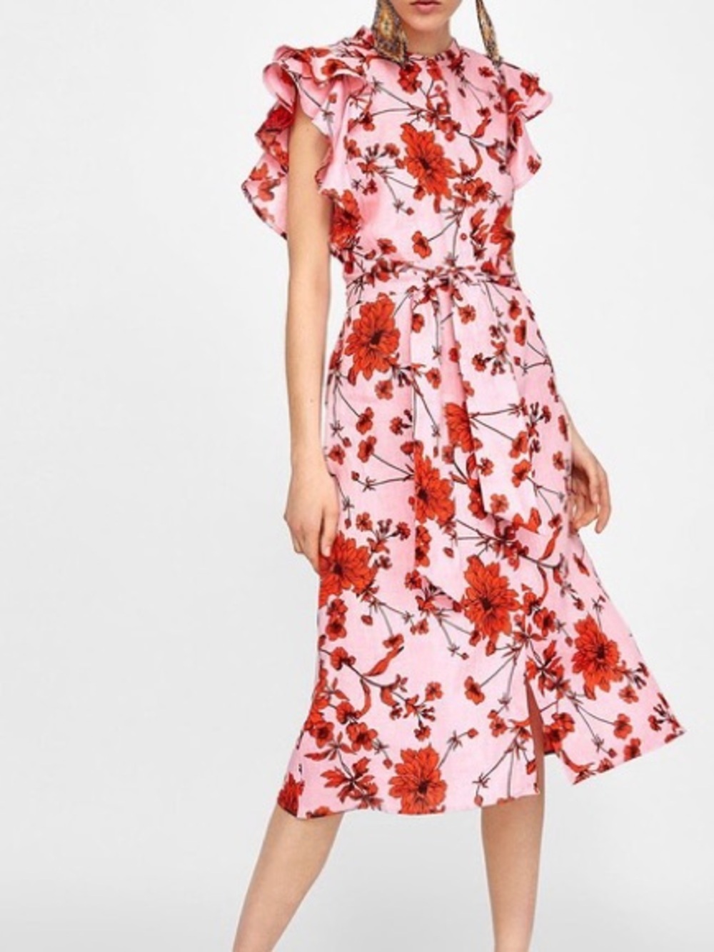 Zara Linen Midi Dress with Red Floral Print